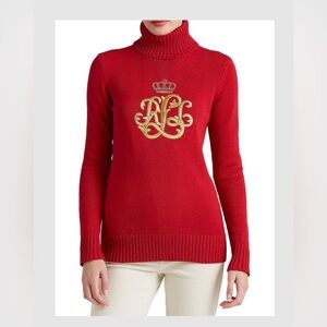 RALPH LAUREN Women’s Intarsia Knit Cotton Turtleneck Red Sweater Sz M